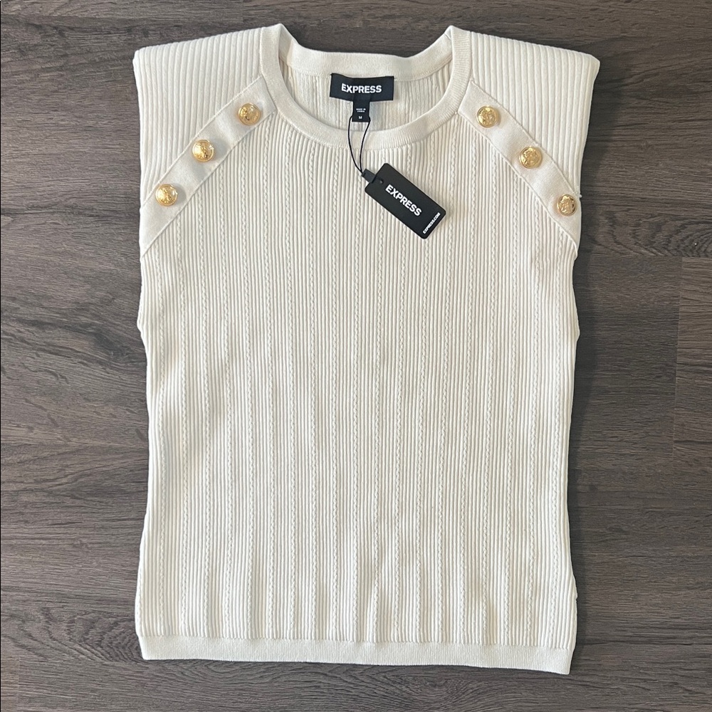 Express Ivory Knit Top with Metallic Button Detail